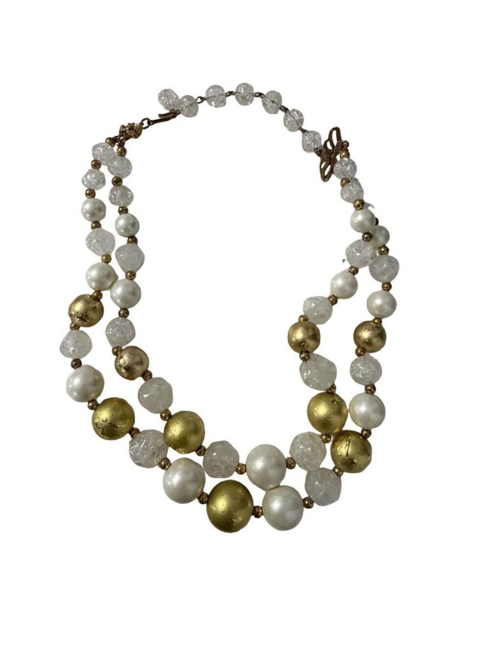 Vintage Deauville Double Strand Faux Pearl Crackle Bead Dragonfly Necklace 14"